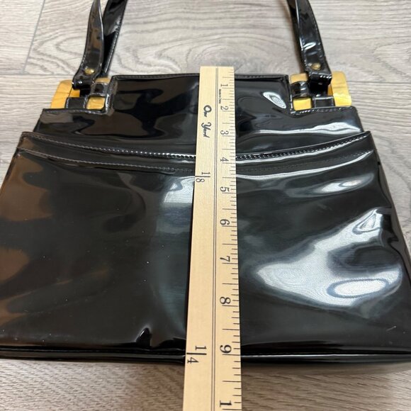 Lux Black Patent Leather Handbag Glossy VTG 60s Top Handles Gold Tone Hardware - Picture 9 of 14